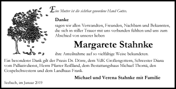 Traueranzeige von Margarete Stahnke von Thüringer Allgemeine, Thüringische Landeszeitung