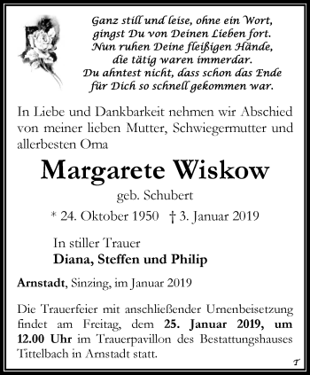 Traueranzeige von Margarete Wiskow von Thüringer Allgemeine