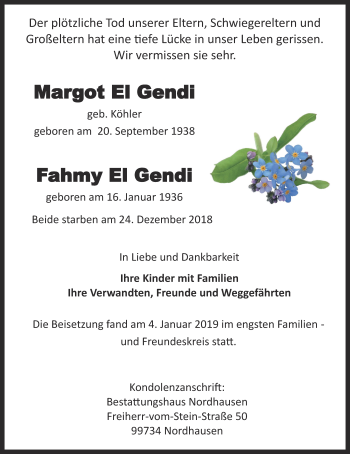 Traueranzeige von Margot und Fahmy EI Gendi von Thüringer Allgemeine
