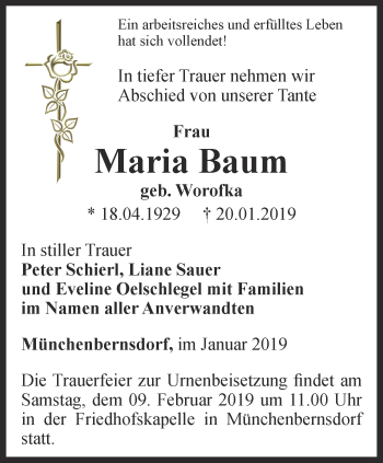 Traueranzeige von Maria Baum von Ostthüringer Zeitung