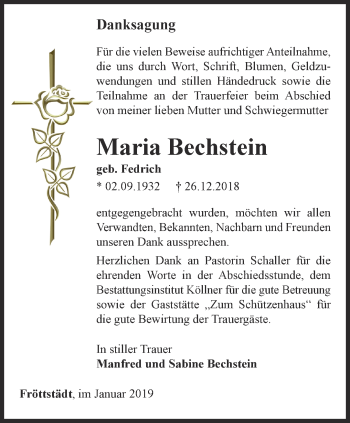 Traueranzeige von Maria Bechstein von Ostthüringer Zeitung, Thüringische Landeszeitung