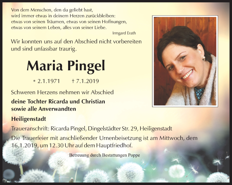  Traueranzeige für Maria Pingel vom 12.01.2019 aus Thüringer Allgemeine