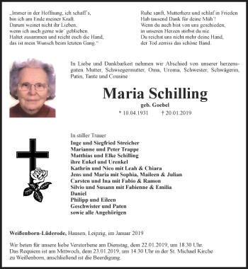 Traueranzeige von Maria Schilling von Thüringer Allgemeine