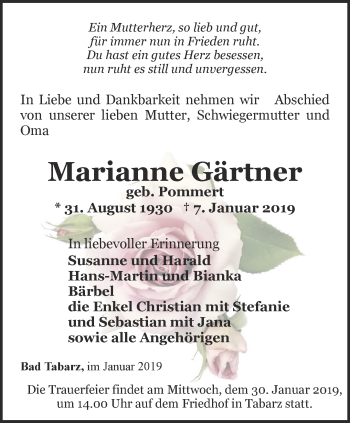 Traueranzeige von Marianne Gärtner von Ostthüringer Zeitung, Thüringische Landeszeitung