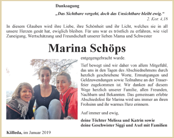 Traueranzeige von Marina Schöps von Thüringer Allgemeine