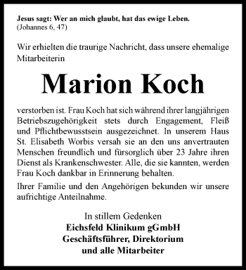 Traueranzeige von Marion Koch von Thüringer Allgemeine
