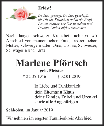 Traueranzeige von Marlene Pförtsch von Ostthüringer Zeitung