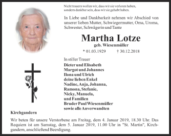 Traueranzeige von Martha Lotze von Thüringer Allgemeine
