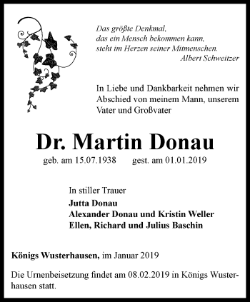 Traueranzeige von Martin Donau von Ostthüringer Zeitung