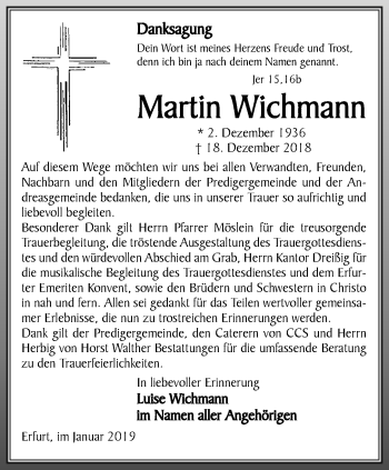 Traueranzeige von Martin Wichmann von Thüringer Allgemeine, Thüringische Landeszeitung