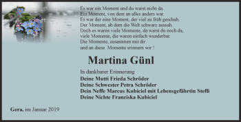 Traueranzeige von Martina Günl von Ostthüringer Zeitung