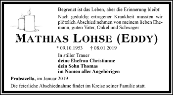 Traueranzeige von Mathias Lohse von Ostthüringer Zeitung