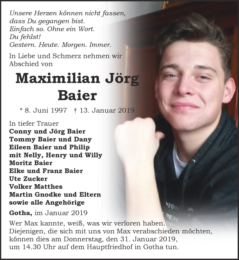  Traueranzeige für Maximilian Jörg Baier vom 26.01.2019 aus Ostthüringer Zeitung, Thüringische Landeszeitung