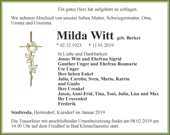 Traueranzeige von Milda Witt von Ostthüringer Zeitung