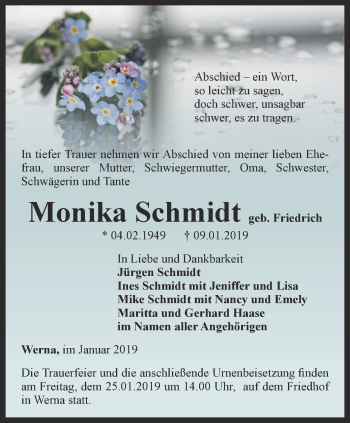 Traueranzeige von Monika Schmidt von Thüringer Allgemeine