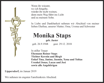 Traueranzeige von Monika Staps von Ostthüringer Zeitung
