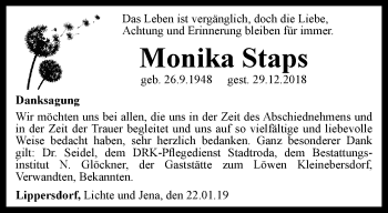 Traueranzeige von Monika Staps von Ostthüringer Zeitung