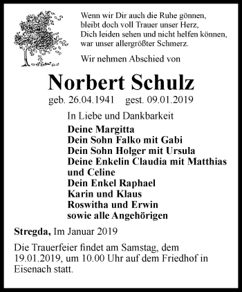 Traueranzeige von Norbert Schulz von Thüringer Allgemeine, Thüringische Landeszeitung