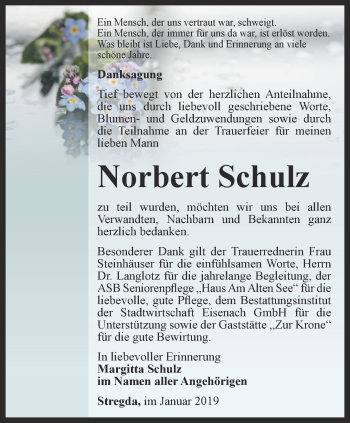 Traueranzeige von Norbert Schulz von Thüringer Allgemeine, Thüringische Landeszeitung