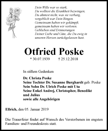 Traueranzeige von Otfried Poske von Thüringer Allgemeine