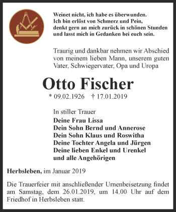 Traueranzeige von Otto Fischer von Thüringer Allgemeine, Thüringische Landeszeitung