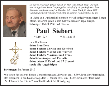 Traueranzeige von Paul Siebert von Thüringer Allgemeine