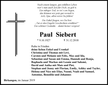 Traueranzeige von Paul Siebert von Thüringer Allgemeine