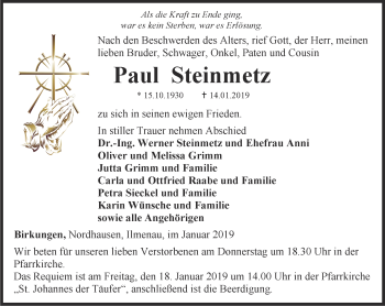 Traueranzeige von Paul Steinmetz von Thüringer Allgemeine