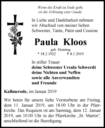 Traueranzeige von Paula Kloos von Thüringer Allgemeine