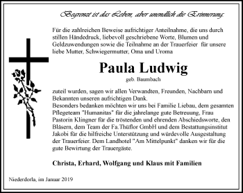 Traueranzeige von Paula Ludwig von Thüringer Allgemeine, Thüringische Landeszeitung