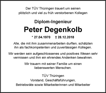 Traueranzeige von Peter Degenkolb von Thüringer Allgemeine