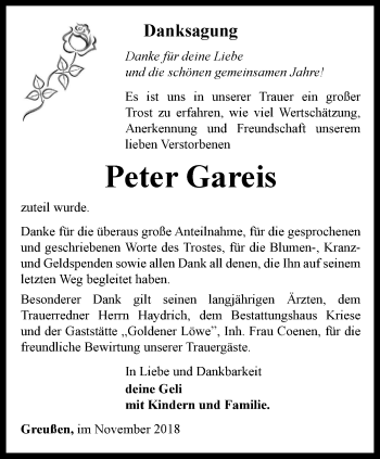 Traueranzeige von Peter Gareis von Thüringer Allgemeine