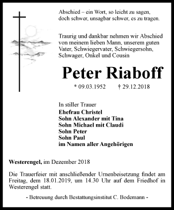 Traueranzeige von Peter Riaboff von Thüringer Allgemeine