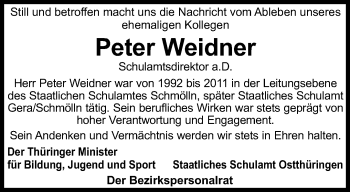 Traueranzeige von Peter Weidner von Ostthüringer Zeitung