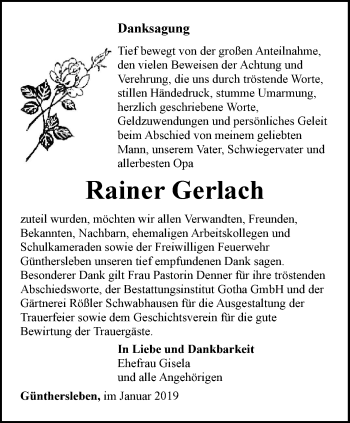 Traueranzeige von Rainer Gerlach von Ostthüringer Zeitung, Thüringische Landeszeitung