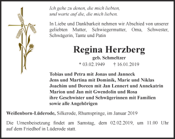 Traueranzeige von Regina Herzberg von Thüringer Allgemeine