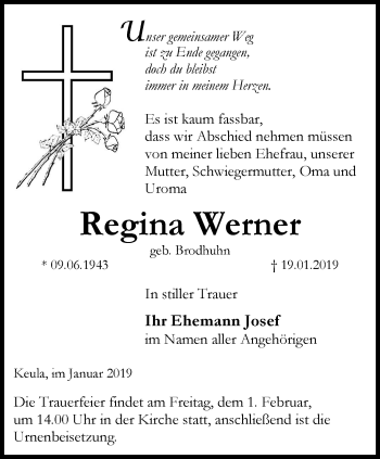 Traueranzeige von Regina Werner von Thüringer Allgemeine, Thüringische Landeszeitung