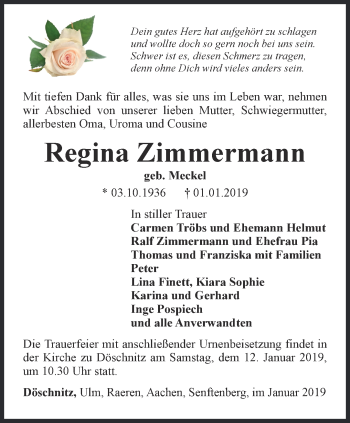 Traueranzeige von Regina Zimmermann von Ostthüringer Zeitung