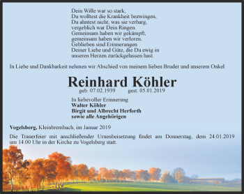 Traueranzeige von Reinhard Köhler von Thüringer Allgemeine