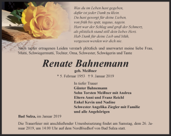 Traueranzeige von Renate Bahnemann von Thüringer Allgemeine, Thüringische Landeszeitung