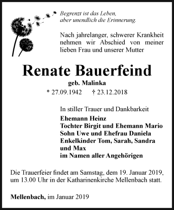 Traueranzeige von Renate Bauerfeind von Ostthüringer Zeitung