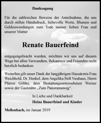 Traueranzeige von Renate Bauerfeind von Ostthüringer Zeitung