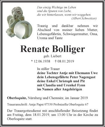 Traueranzeige von Renate Bolliger von Ostthüringer Zeitung