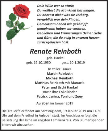 Traueranzeige von Renate Reinboth von Thüringer Allgemeine