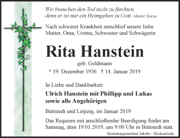 Traueranzeige von Rita Hanstein von Thüringer Allgemeine