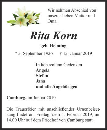 Traueranzeige von Rita Korn von Ostthüringer Zeitung, Thüringische Landeszeitung