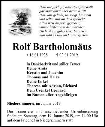 Traueranzeige von Rolf Bartholomäus von Thüringer Allgemeine, Thüringische Landeszeitung