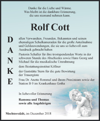 Traueranzeige von Rolf Cott von Ostthüringer Zeitung, Thüringische Landeszeitung