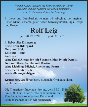 Traueranzeige von Rolf Leig von Thüringer Allgemeine, Thüringische Landeszeitung