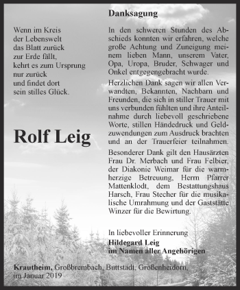 Traueranzeige von Rolf Leig von Thüringer Allgemeine, Thüringische Landeszeitung